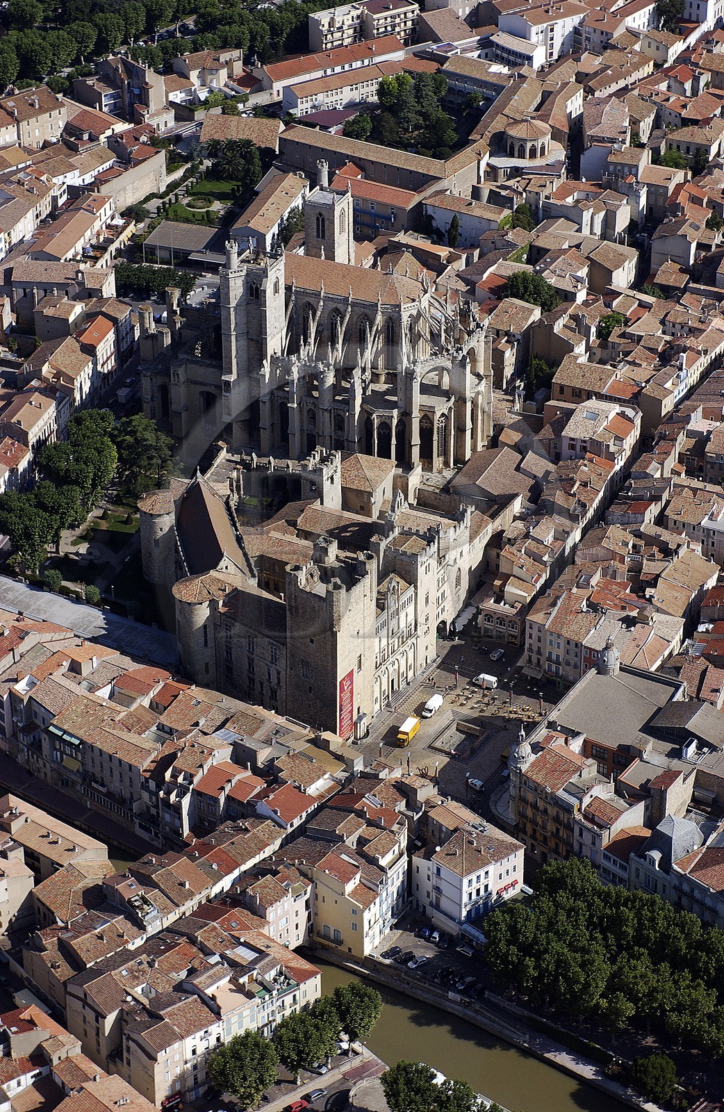 France, Aude, Archbishops palace (on left) and Saint Just and Saint Pasteur cathedral in Narbonne (aerial view)