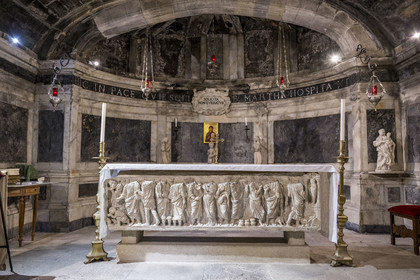 France, Bouches du Rhone, Tarascon, the royal collegiate church of Sainte-Marthe built in the 11th and 12th centuries, the 4th century crypt remodeled in the 17th century, houses  the paleochristian sarcophagus in white marble (from the beginning of the 4th century) which contains the relics of Saint Martha