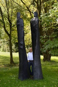 France, Marne, Beaumont-sur-Vesle, the sculptor Christian Lapie surrounded by his sculptures in his external workshop