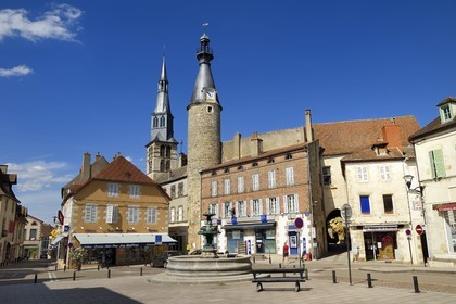 France, Allier (03), former province of Bourbonnais, Saint Pourçain sur Sioule, Place Foch, the belfry or clock tower and the bell tower of the Sainte-Croix church