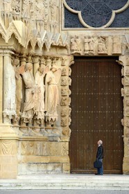 France, Marne, Reims, Notre-Dame de Reims cathedral, listed as World Heritage by UNESCO, sculpture of L'ange au sourire (the Angel with the Smile) on the West Facade