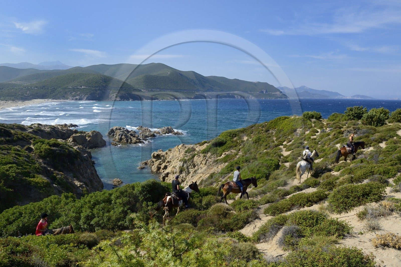 France, Haute-Corse (2B), Nebbio, désert des Agriates, Anse de Peraiola, cavaliers à l'Est de la plage d'Ostriconi France, Haute-Corse (2B), Nebbio, désert des Agriates, Anse de Peraiola, cavaliers à l'Est de la plage d'Ostriconi