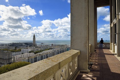 France, Seine Maritime, Le Havre, Downtown rebuilt by Auguste Perret listed as World Heritage by UNESCO dominated by the Lantern Tower of St. Joseph's Church seen from the terrace of the Hotel de Ville