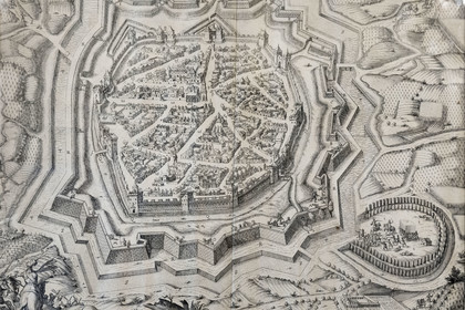 France, Herault, Montpellier, historic center called the Ecusson, Hotel de Varenne, private mansion dating from medieval times and home to the Museum of Old Montpellier, map of the siege of Montpellier in 1622, engraving by Melchior Tavernier