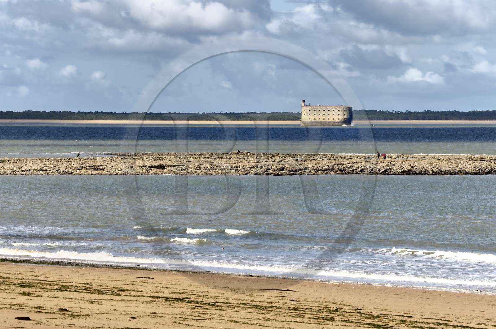 France, Charente-Maritime (17), Ile d'Aix, la Grande Plage qui s'étend sur plus d'un kilomètre et le Fort Boyard devant l'ile d'Oléron en arrière plan
