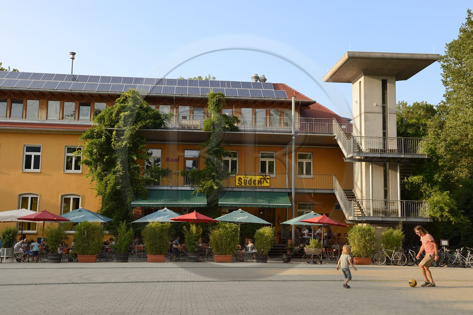 Allemagne, Bade-Wurtemberg, Fribourg en Brisgau, quartier Vauban, restaurant fonctionnant à l'énergie solaire