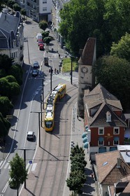 France, Haut Rhin, Mulhouse, tramway next to the Bollwerk Tower