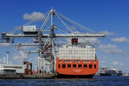 France, Seine-Maritime (76), Le Havre, port de commerce, porte-conteneurs dans le Bassin de chargement René Coty et grues