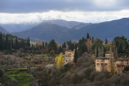 Spain, Andalusia, Granada, Alhambra, listed as World Heritage by UNESCO, and the Sierra Nevada mountains