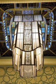 France, Marne, Reims, the Carnegie Library in Art Nouveau style, the luster of the large entrance hall was designed by the master glassmaker from Reims Jacques Simon