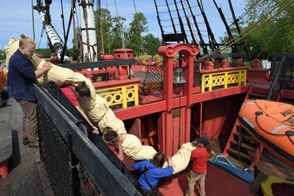France, Charente-Maritime, Rochefort, International Center of the Sea in the former Rochefort Maritime Dock, the frigate Hermione replica of the three-master ship where the Marquis de Lafayette sailed for America in 1780, embarkation of sails