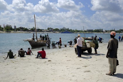 Tanzania, Dar es-Salaam, arrival of a fishing boat on the beach in front of the Kivukoni fish market