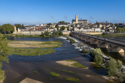 France, Nièvre, Nevers, the Loire downstream from the Pont de la Loire and the Saint-Cyr-et-Sainte-Julitte cathedral in the background (aerial view)