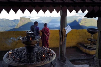 Sri Lanka, center province, Dalhousie, sunrise on Adam's peak, triangle shadow of the peak reflects on the morning haze
