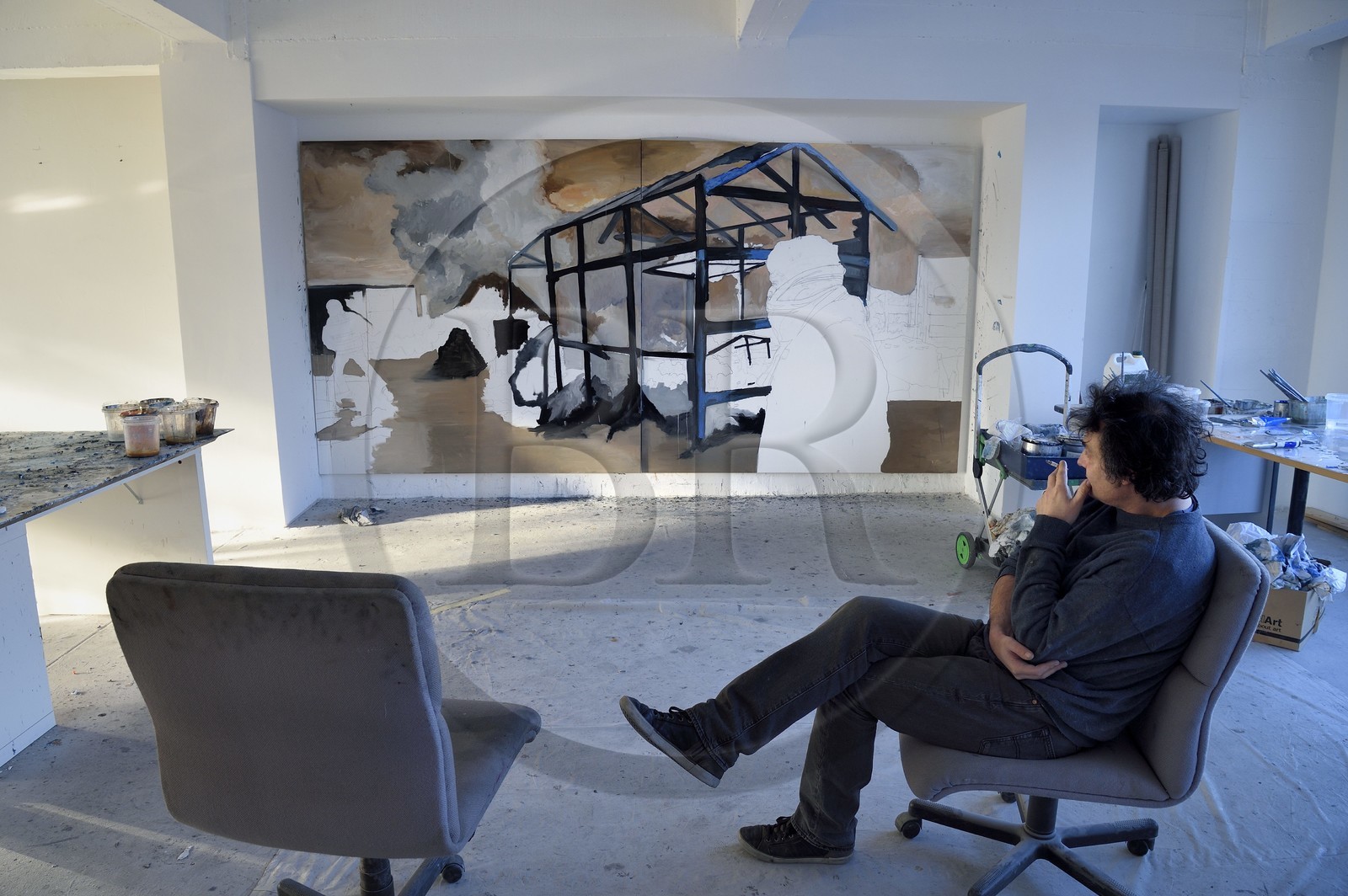 France, Val-de-Marne (94), Yvry-sur-Seine, Atelier de Fred Kleinberg, travail pour l'exposition Odyssée