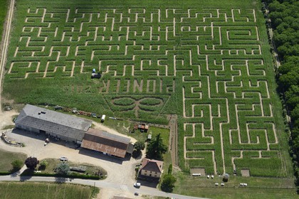 France, Dordogne (24), Périgord Noir, vallée de la Dordogne, Vitrac, cingle de Montfort, labyrinthe végétal en mais de l'Ermite (vue aérienne)