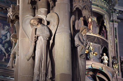 France, Bas Rhin, Strasbourg, old town listed as World Heritage by UNESCO, Notre Dame Cathedral, south transept, the pillar of Angels built around 1230 and the astronomical clock