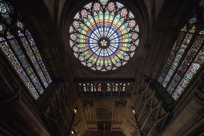 France, Bas Rhin, Strasbourg, old town listed as World Heritage by UNESCO, Notre Dame Cathedral, the big Rose Window of the western facade with a diameter of 13.60 m over the narthex