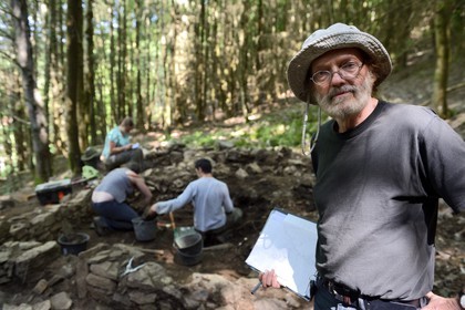 France, Haut Rhin, Sainte-Marie-aux-Mines, archaeological field of a forge and housing on the edge of a silver mine in Berg Armo, portrait of the industrial archaeologist Pierre Fluck