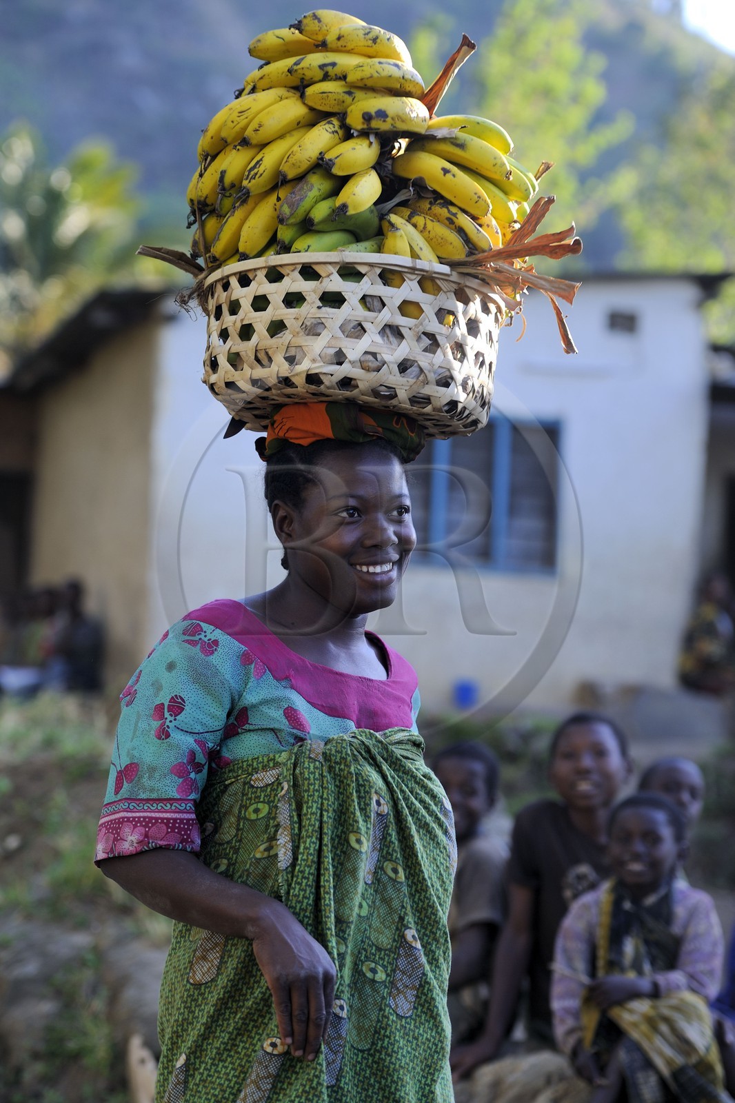 Tanzanie, région de Morogoro, les Monts Uluguru, aux alentours de l'ancien refuge allemand de Morningside, femme portant un panier de bananes sur sa tête