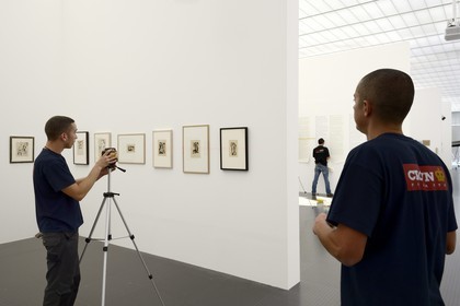 France, Moselle, Metz, Amphitheatre district, Centre Pompidou Metz, art center designed by architects Shigeru Ban and Jean de Gastines, installation of the Hans Richter exhibition