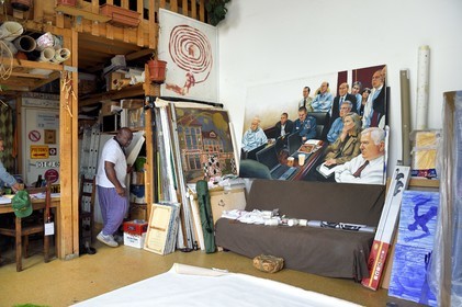 France, Paris, Barthelemy Toguo, the artist founder of Bandjoun Station in Cameroon, in his Parisian studio