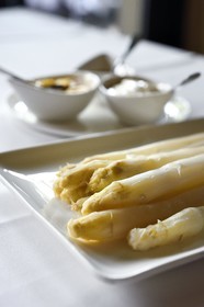 France, Bas Rhin, Strasbourg, white asparagus dish with three sauces, Dutch , mayonnaise and vinaigrette