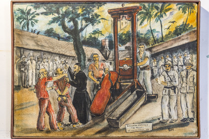 France, Guyane, Cayenne, musée départemental Alexandre-Franconie, peintures réalisées par un bagnard, Francis Lagrange dit Flag, condamné pour escroquerie et faux monnayage mais qui était aussi faussaire et artiste, elles retracent la vie (et le mort) au bagne