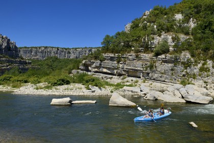 France, Ardeche, Ruoms, kayaks going down the Ardeche River in the Ruoms to Pradons Narrow Pass, cirque de Giens