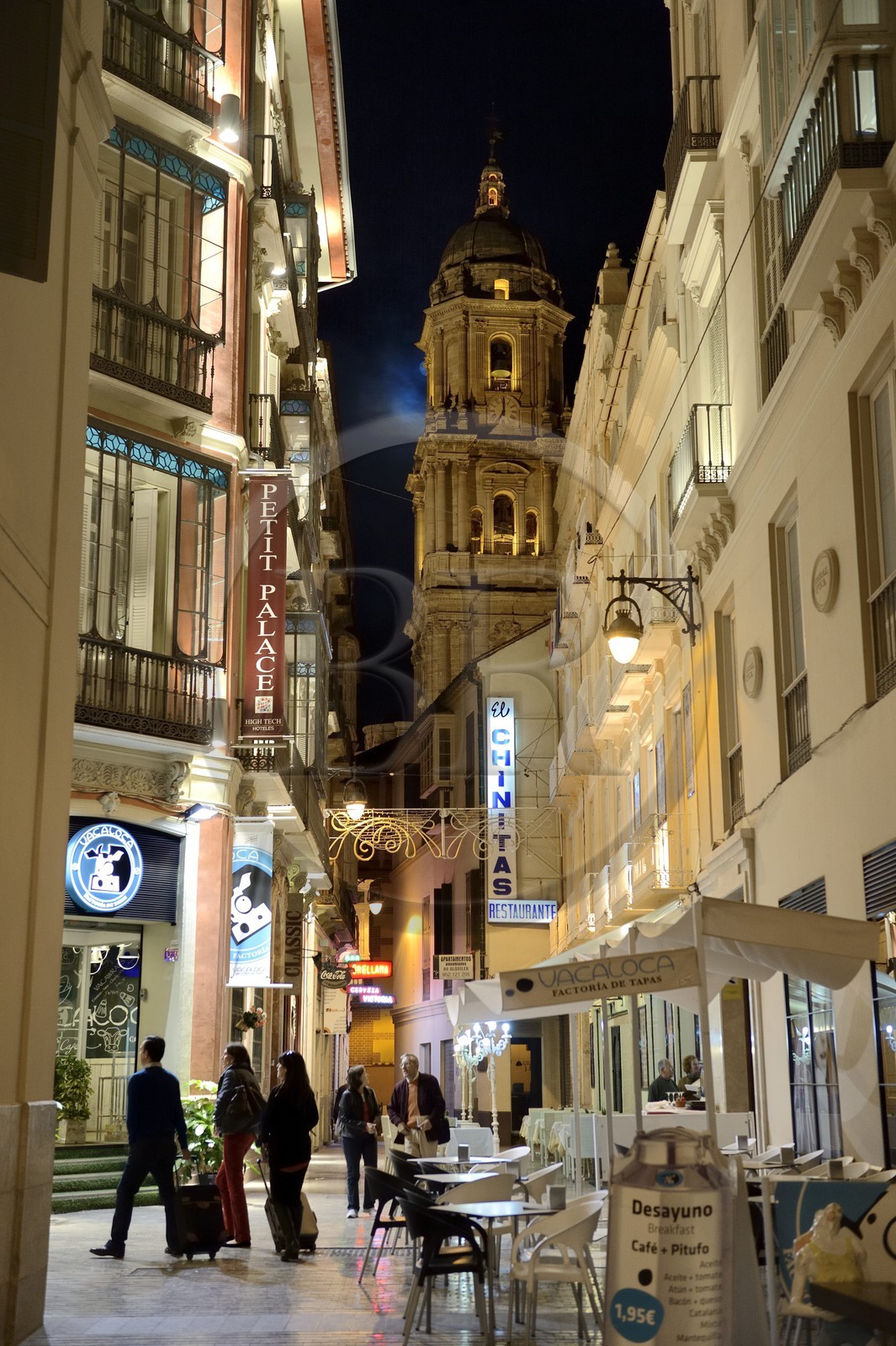 Espagne, Andalousie, Malaga, la cathédrale dans l'axe d'une ruelle débouchant sur l'artère principale calle Marquès de Larios