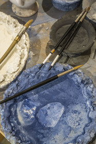 France, Nièvre, Nevers, Fayencerie d’art de Nevers, the paint kit for the earthenware decorations in the workshop