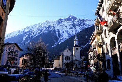 France, Haute Savoie, Chamonix, (Mont Blanc), church avenue and the Brevent
