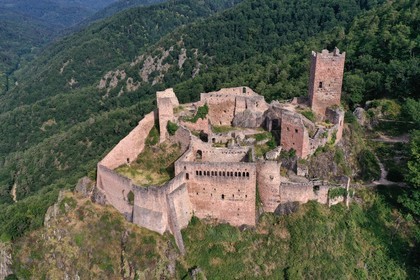 France, Haut Rhin, the Alsace Wine Route, Ribeauville, Saint Ulrich Castle, residence of Ribeaupierre until the 15th century (aerial view)