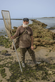 France, Charente-Maritime (17), Ile d'Oléron, Saint-Georges-d'Oléron, plage des Sables Vignier à marée basse, concessionnaire mareyant de l'écluse à poissons des Basses