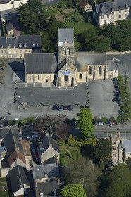 France, Manche, Ste Mere Eglise, a parachute is visible on the steeple of the church in memory of Private John Steele, snagged June 5, 1944 during Operation Overlord (aerial view)