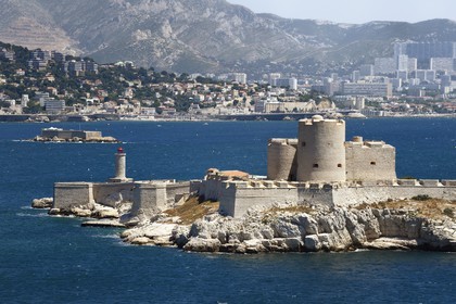 France, Bouches du Rhone, Marseille, Calanques National Park, archipelago of Frioul islands, the Chateau d'If, the little Degaby island with its fort and the city of Marseille in the background