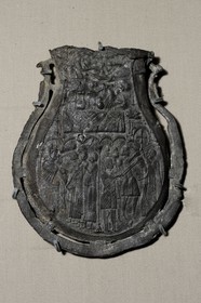 France, Paris (75), musée du Moyen-Age, ancien hôtel de Cluny, ampoule de pélérinage, Saint Thomas Becket origine Cantorbery avant 1220