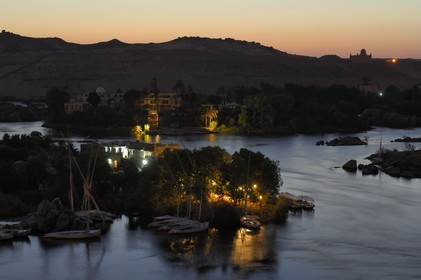 Egypt, Upper Egypt, Nubia, Nile Valley, Aswan, the Agha Khan mausoleum on the western bank dominating the first cataract and Amoun Island