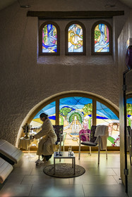 France, Cote d'Or, Climats terroirs of Burgundy, listed as World Heritage by UNESCO, Beaune, Hotel Le Cep, the Spa with a stained glass window created by Joyce Delimata