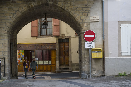 France, Aveyron, Millau, the lion fountain place du Marechal Foch, covered walkway to rue Saint-Antoine