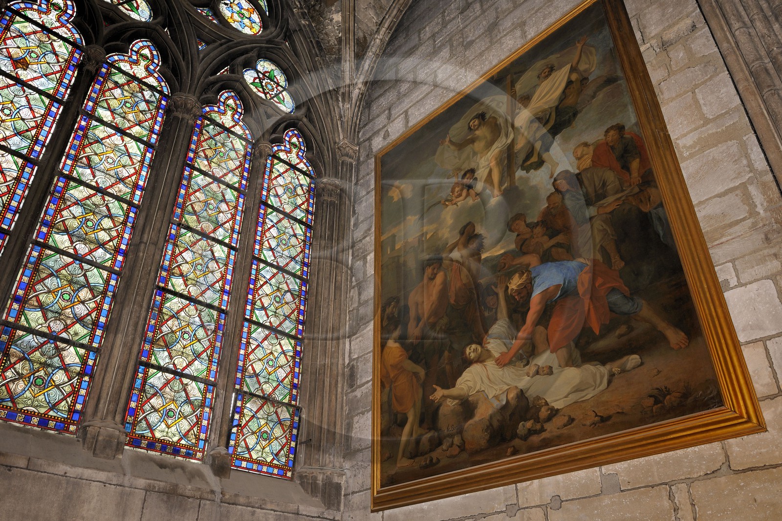 France, Paris (75), île de la Cité, la cathédrale Notre-Dame, un May dans la chapelle Saint-Eloi, la lapidation de Saint-Etienne par Charles Le Brun offert le 1 mai 1651 par la corporation des orfèvres