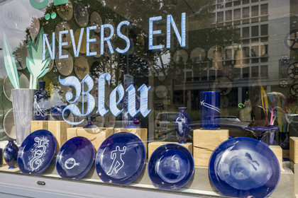 France, Nièvre, Nevers, Faïencerie Georges, contemporary earthenware featuring marine animals, starry skies and hikers