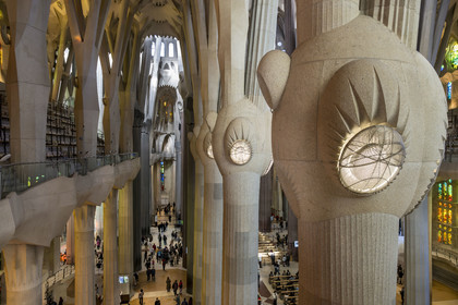 Spain, Catalonia, Barcelona, Eixample district, Sagrada Familia basilica by Catalan modernist architect Antoni Gaudi, listed as a UNESCO World Heritage Site, above the node, the columns of the central vessel (nave) are subdivided into branches like a tree