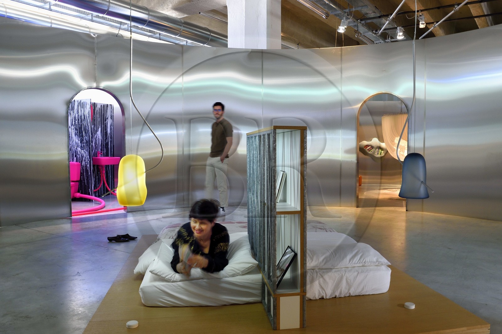 France, Charente, Cognac, Fondation d’Entreprise Martell, multidisciplinary cultural institution (art, design and craft, architecture, music, dance ...), Places to Be exhibition which brings together 14 international designers, room in a stainless steel tank, the bedroom by Ornaghi and Prestinari