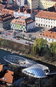 Austria, Styria, Graz, historic center listed as World Heritage by UNESCO, floating island on the river Mur, Cafe and cultural space created by the Architect Vito Acconci