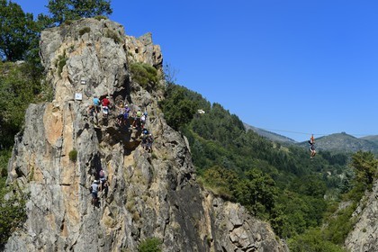 France, Ardeche, Monts d'Ardeche Regional Natural Park, Thueyts, the upper valley of the Ardeche River, the via ferrata of the Pont du diable (the Devil's Bridge)