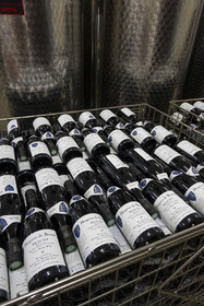 France, Cote d'Or, Climats terroirs of Burgundy listed as World Heritage by UNESCO, Beaune, Hospices de Beaune Winery, bottles of Beaune 1er Cru