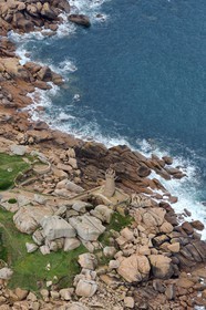 France, Cotes-d'Armor, Cote de Granit Rose (the Pink Granite coast), Perros Guirec, Ploumanach, Pointe de Squewel and Mean Ruz Lighthouse (aerial view)