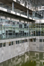 France, Herault, Montpellier, Port Marianne district, the City Hall designed by architects Jean Nouvel and François Fontes, patio between water and sky