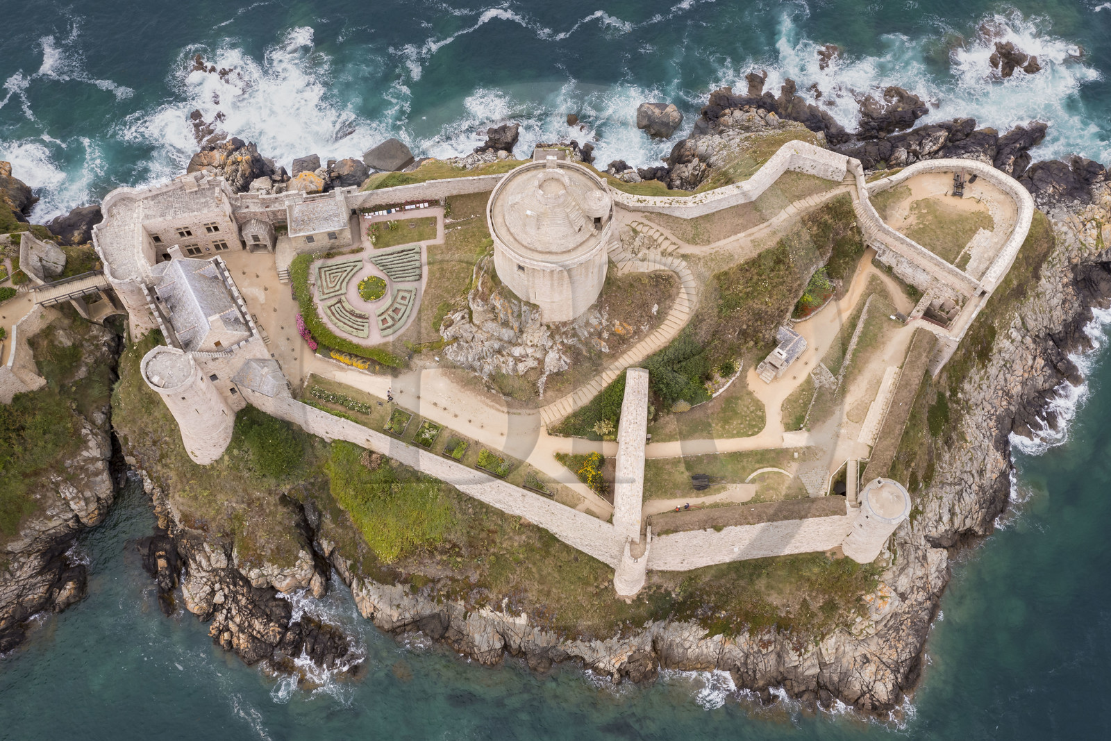 France, Cotes d'Armor, Grand Site de France Cap d'Erquy – Cap Frehel, Plevenon, 15th century La Latte Fort or Roche Goyon castle (aerial view)
